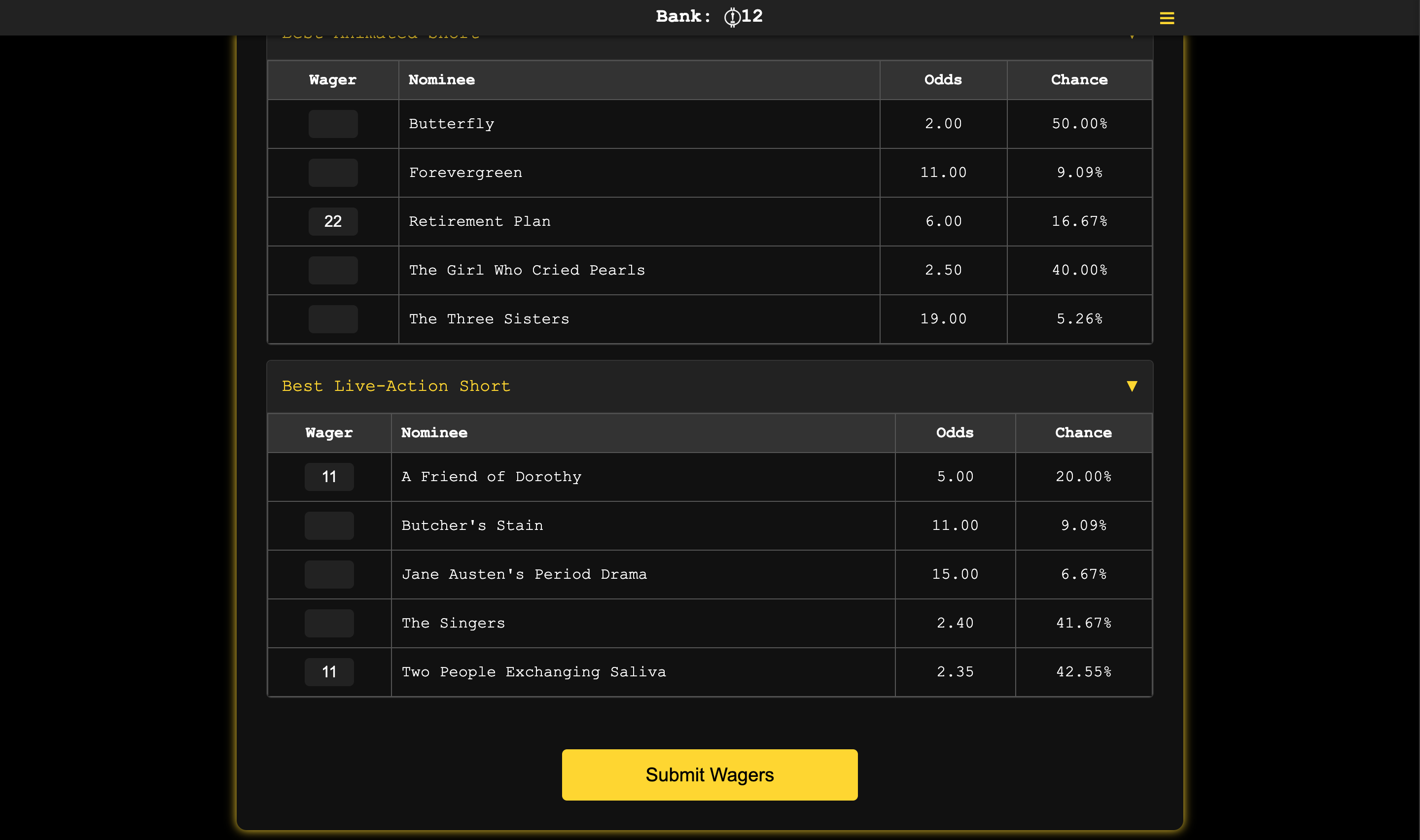 Submit wagers button